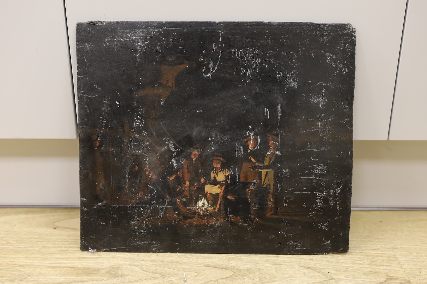 American School?, oil on wooden panel, Figures around a camp fire, 35 x 41.5cm, unframed